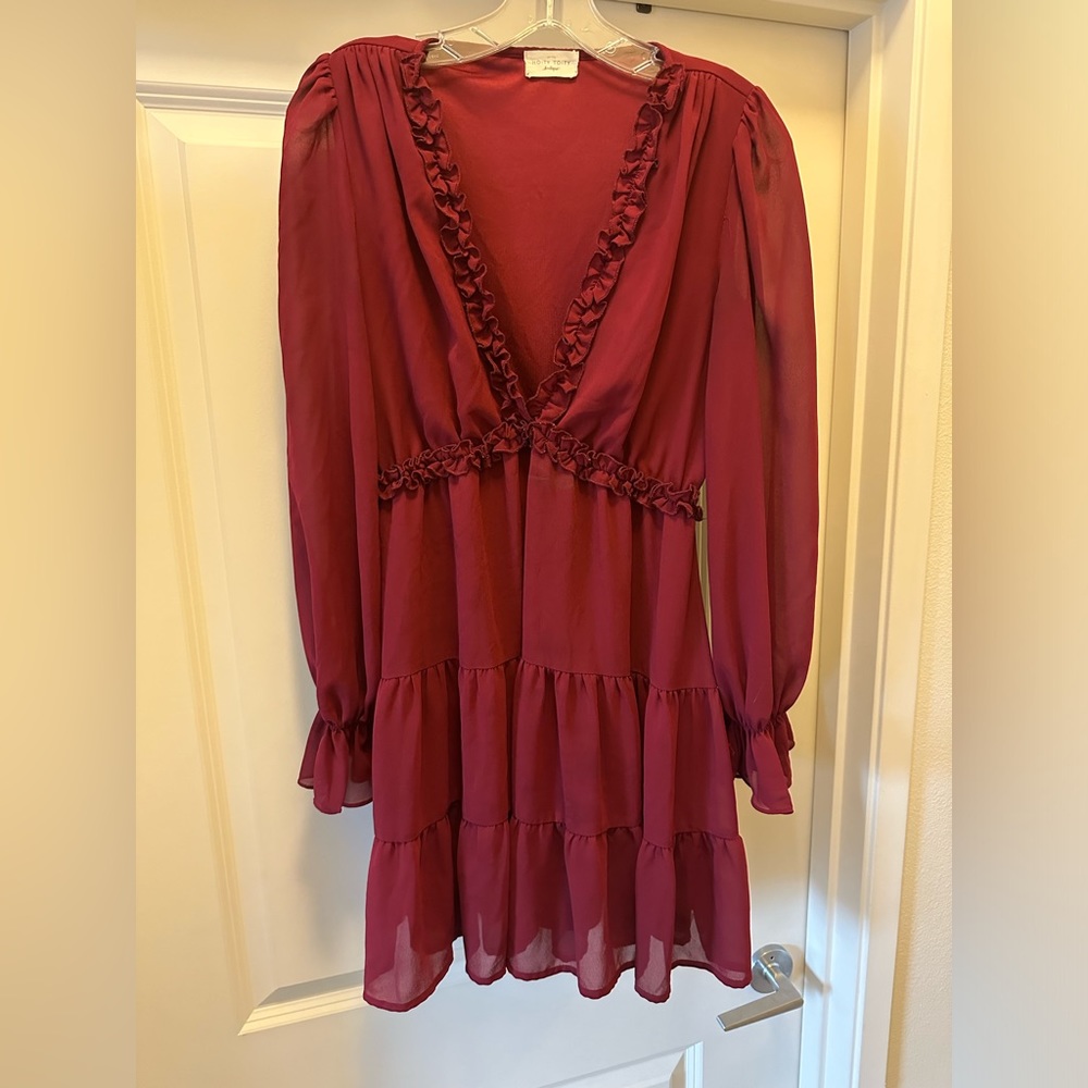 Hoity Toity Plunge neck long sleeved wine red dress
